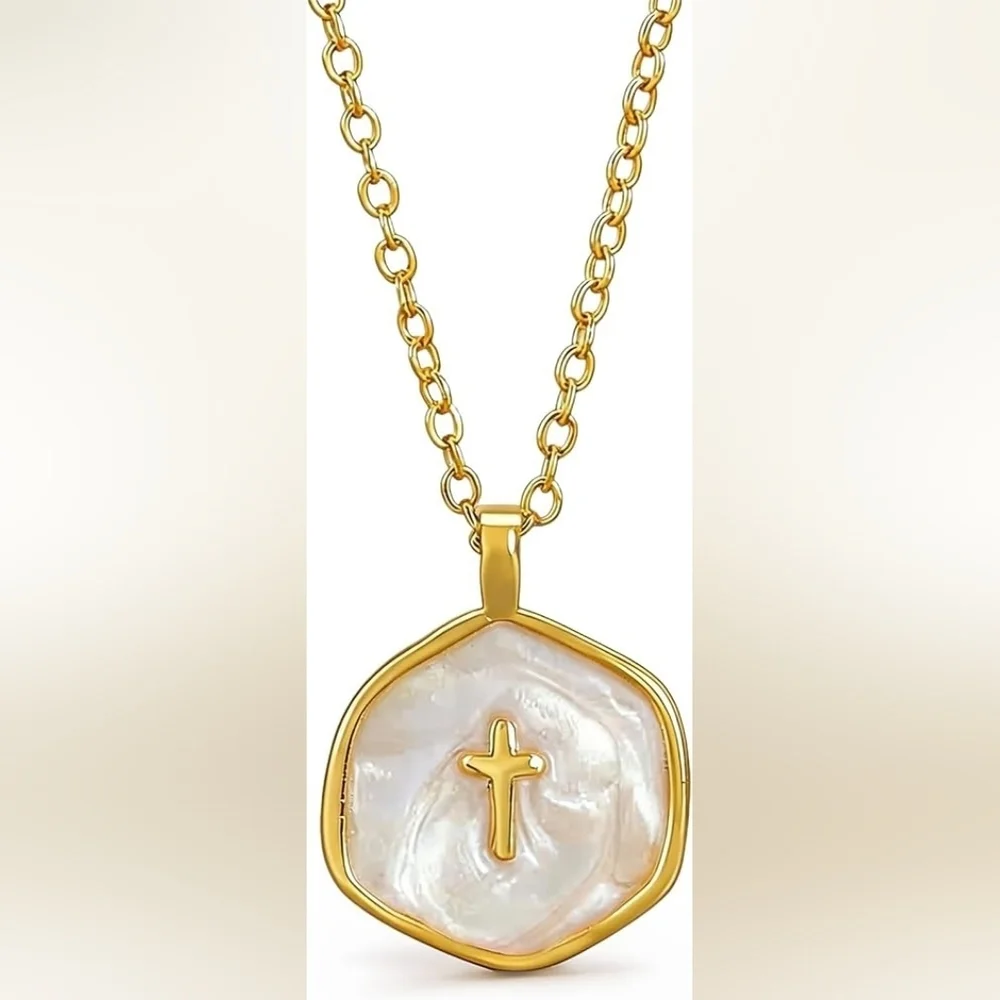 14K Gold Plated Cross Necklace With Pearl Accent - Picture 1 of 4